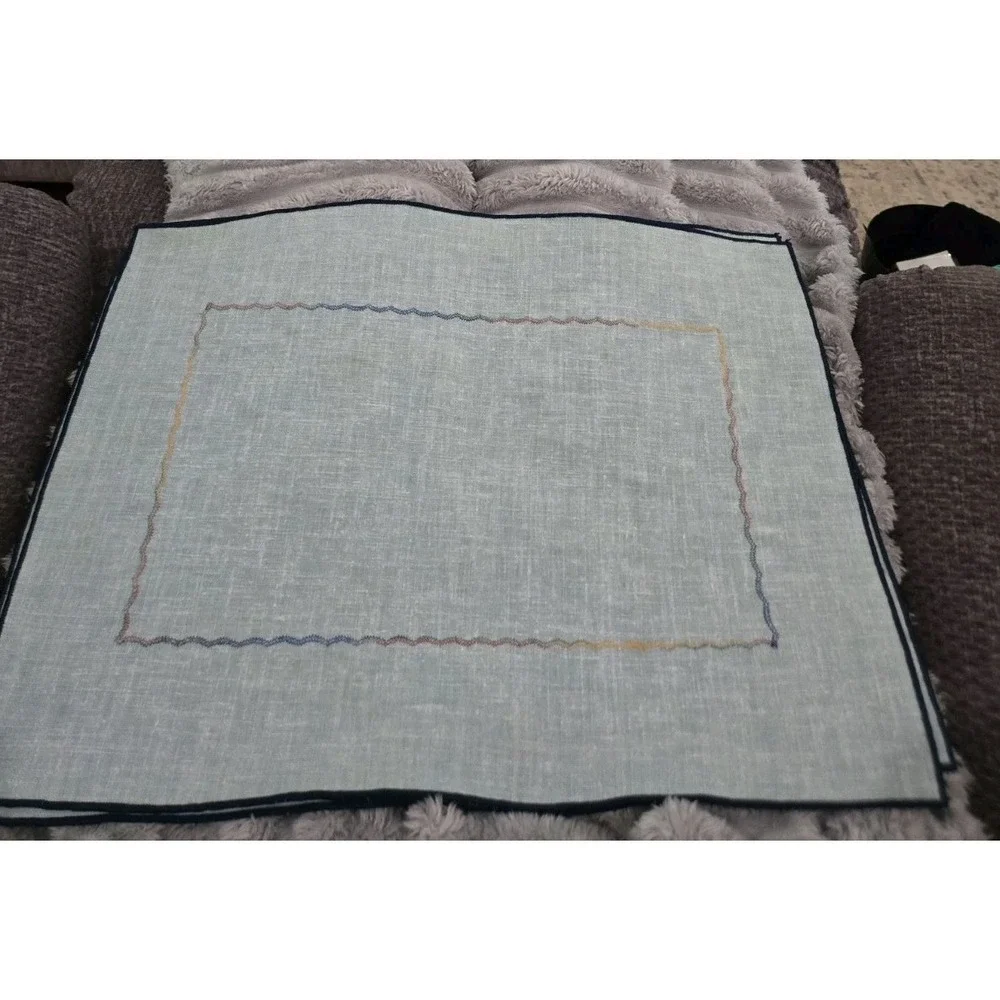 4 blue linen rectangle placemats with double stitching detail and border EUC!!